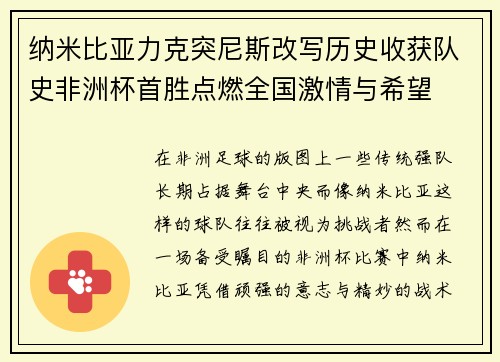纳米比亚力克突尼斯改写历史收获队史非洲杯首胜点燃全国激情与希望